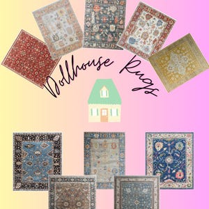 Könnte beinhalten: Digitaler Download von druckbaren Puppenhaus-Teppichen. Das Bild zeigt eine Vielzahl von Miniaturteppichen in verschiedenen Farben und Mustern, darunter Rot, Blau und Gold. Der Text "Easy Printable Sheets Digital Download" steht oben.