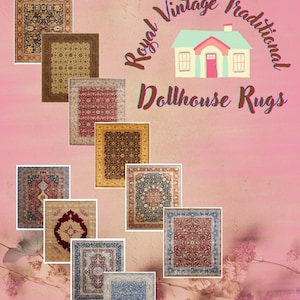 Puede incluir: Colección de alfombras digitales para casas de muñecas con diseños vintage y tradicionales. La imagen presenta varias alfombras rectangulares con patrones intrincados en tonos de rojo, azul, dorado y marrón. El texto incluye "Easy Printable Digital Download" y "Royal Vintage Traditional Dollhouse Rugs."