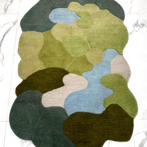 Custom Hand-Tufted Wool Pebble Rug - Organic Moss Shape Area Rug - Green & Blue Abstract Flow Rug - Unique Aesthetic Home Decor image 6