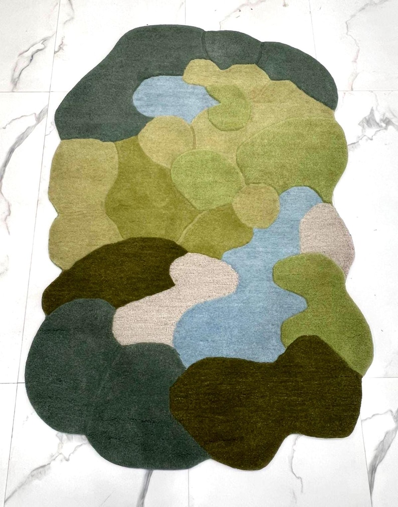 Custom Hand-Tufted Wool Pebble Rug - Organic Moss Shape Area Rug - Green & Blue Abstract Flow Rug - Unique Aesthetic Home Decor image 6