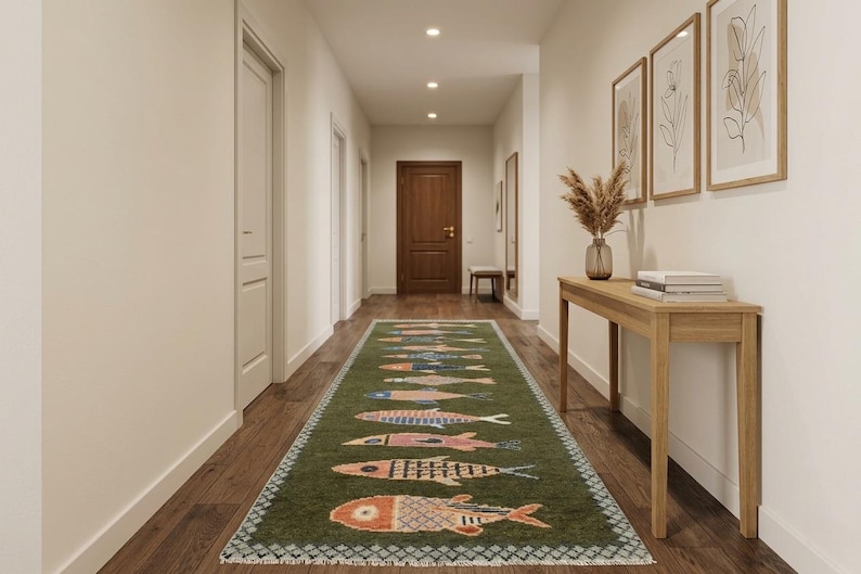 Koi wool runner styled in a long hallway