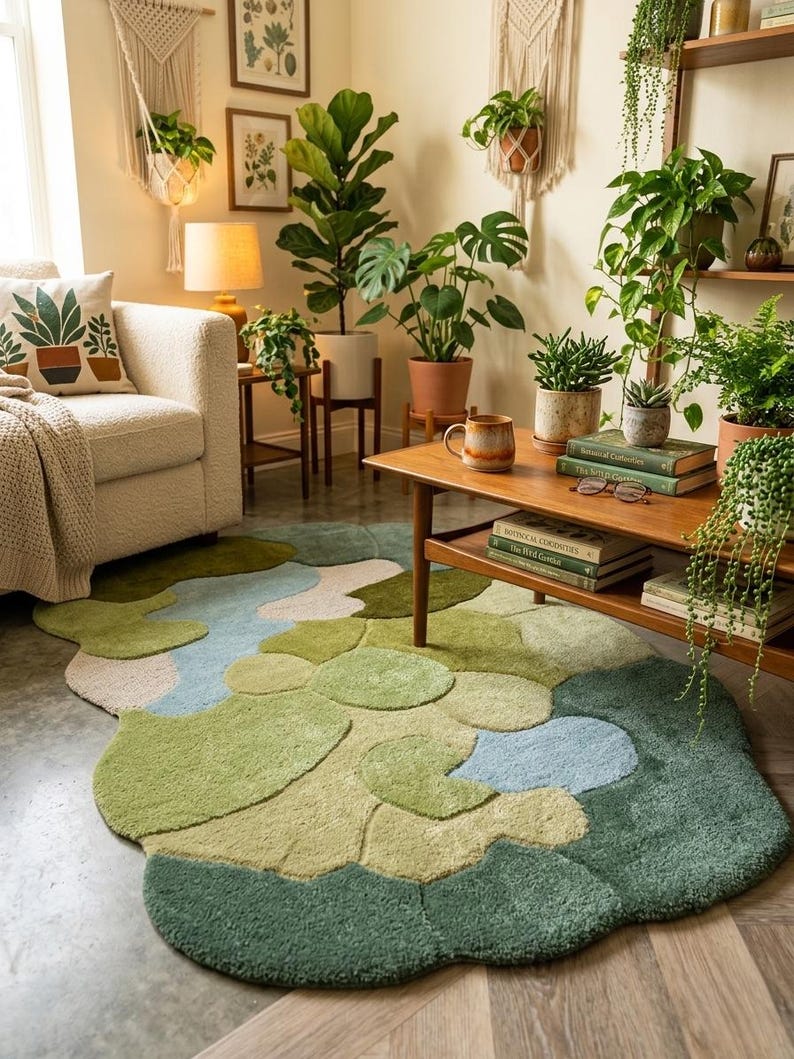 May include: A living room scene featuring a large, abstract-shaped rug in shades of green and blue. The room is decorated with various potted plants, a cream-colored sofa, and wooden furniture. Decorative macrame plant hangers and framed botanical prints adorn the walls.