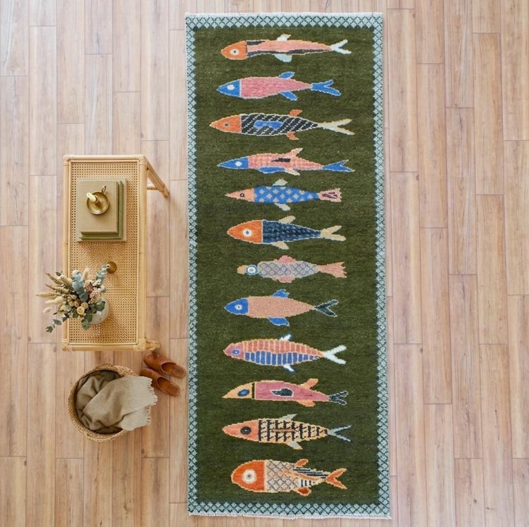 Hand-knotted Wool Koi Fish Runner – Green Artisan Fish Rug – Custom ...