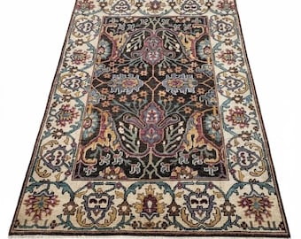 Hand-Knotted Dark Floral Area Rug Oushak Style Wool Rug 8x10 Traditional Living Room Carpet| Black & Cream