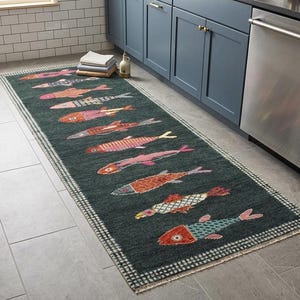 Handmade Charcoal Wool Koi Fish Runner Rug - Whimsical Dark Grey Hallway Rug - Custom Sizes Available - Modern Coastal Wool Rug