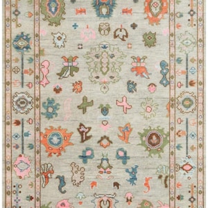 Timeless traditional 8X10 olive green multicolor oushak hand knotted turkish area rug for living room, bedroom and dining room colorful rug