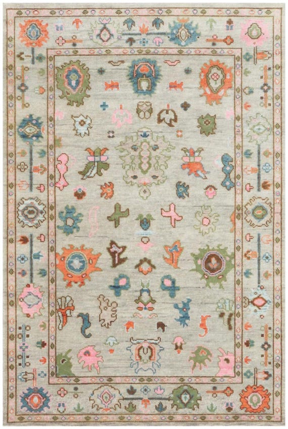 Hand Knotted Turkish Oushak Wool Rug, 8x10 pastel green wool Area Rug, Muted oushak carpet, custom size rug for living room, custom size rug