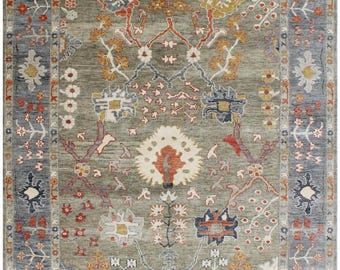 8x10 Hand-Knotted Wool Rug - Muted Sage Green & Denim Blue Oushak Style Area Rug | 9x12, 10x14 Large Traditional Floral Carpet
