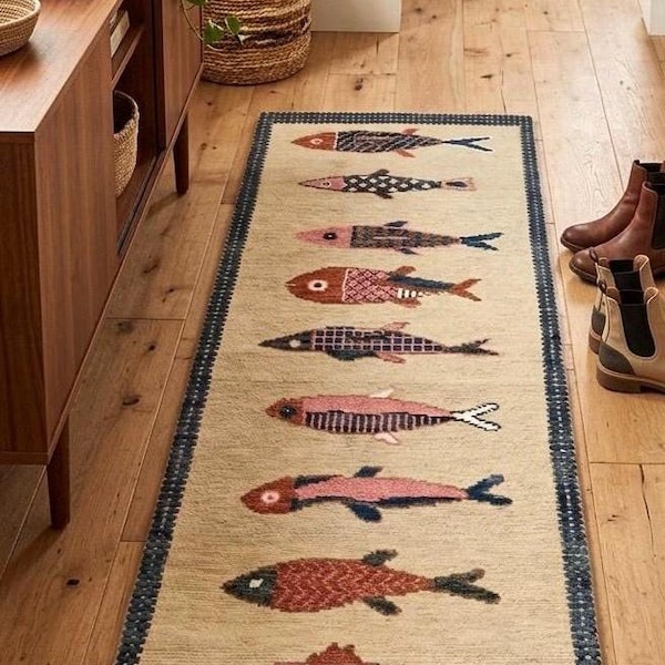 Hand-Knotted Wool Koi Fish Runner – Muted Sage Cream Blue Artisan Fish Rug – Round Coastal Rug-Custom Size Boho rug -Hallway/Kitchen Runner
