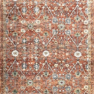 May include: A rectangular area rug featuring a deep terracotta red background with a repeating lattice pattern of white, blue, and sage green floral motifs. The design includes intricate geometric lines and a decorative border in muted earth tones.