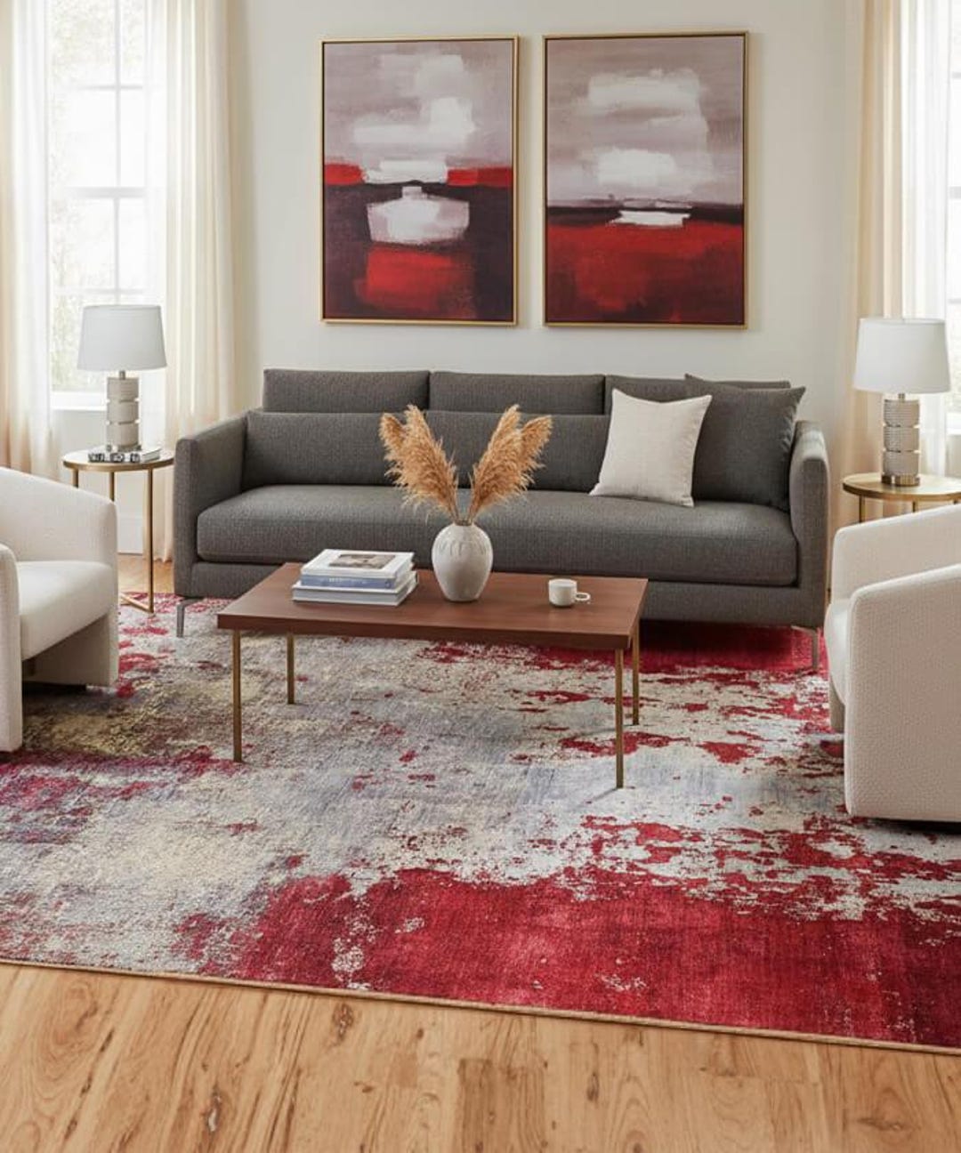 Red/silver Gray Handknotted Abstract Rug -genuine Wool-silk Blend ...