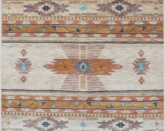 Hand-Knotted Beige & Brown Wool Handmade Area Rug, Boho/Southwestern/Navajo Design living room rug, dining, bedroom, custom size available