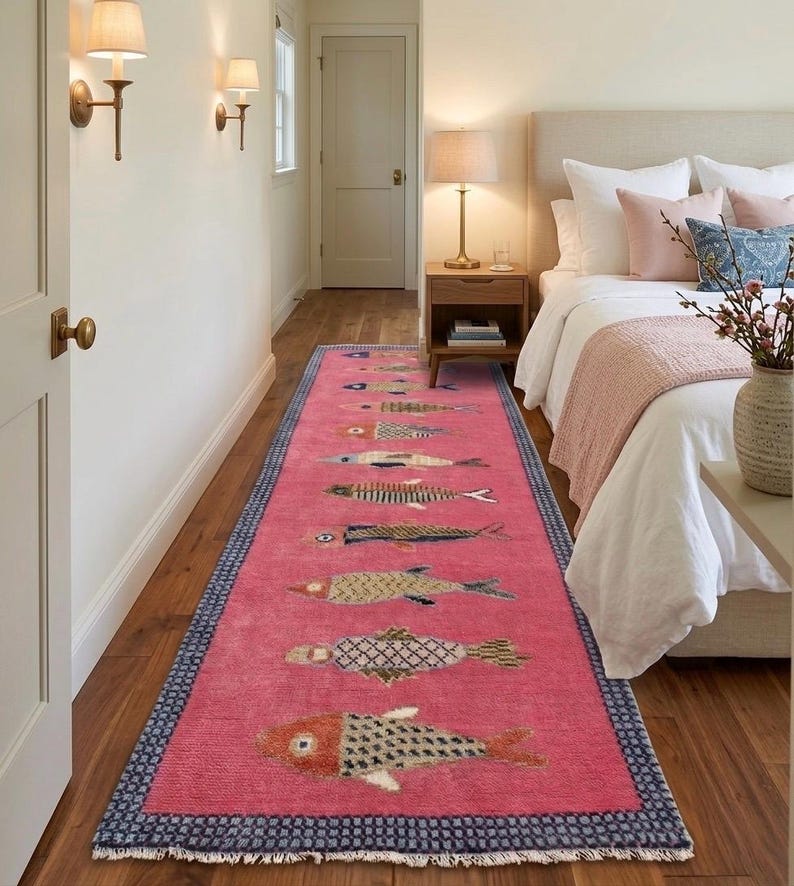 Hand-knotted Pink Koi Fish Wool Runner - Custom Size Modern Hallway Rug ...