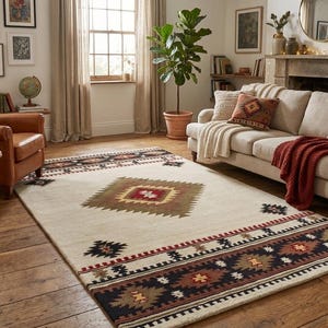 May include: A cream-colored area rug with a geometric pattern in shades of brown, red, and green. The rug is placed in a living room with a sofa, armchair, and wooden flooring. The room is decorated with artwork and plants.
