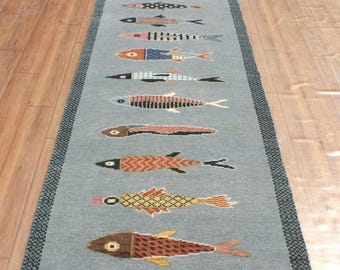Hand-Knotted Wool Koi Fish Runner – Sage Blue Artisan Fish Rug – Custom Sizes Available