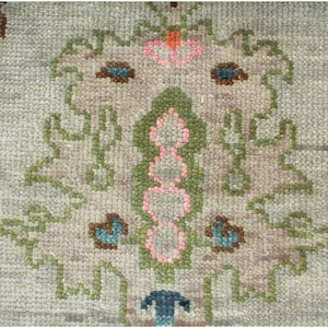 May include: Close-up of a light gray rug with a detailed floral pattern. The design features a central motif with pink, green, and brown elements, surrounded by stylized floral shapes in orange, blue, and green. The rug has a textured appearance.
