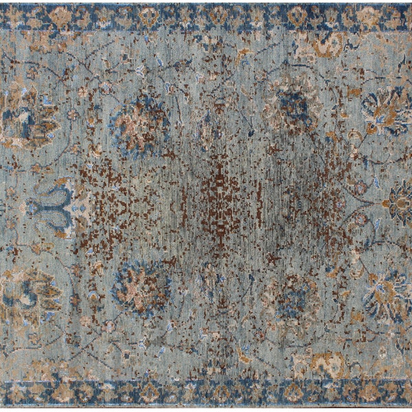 Hand Knotted Blue Rug 8X10 Transitional Pattern Wool and Bamboo Silk Rug.