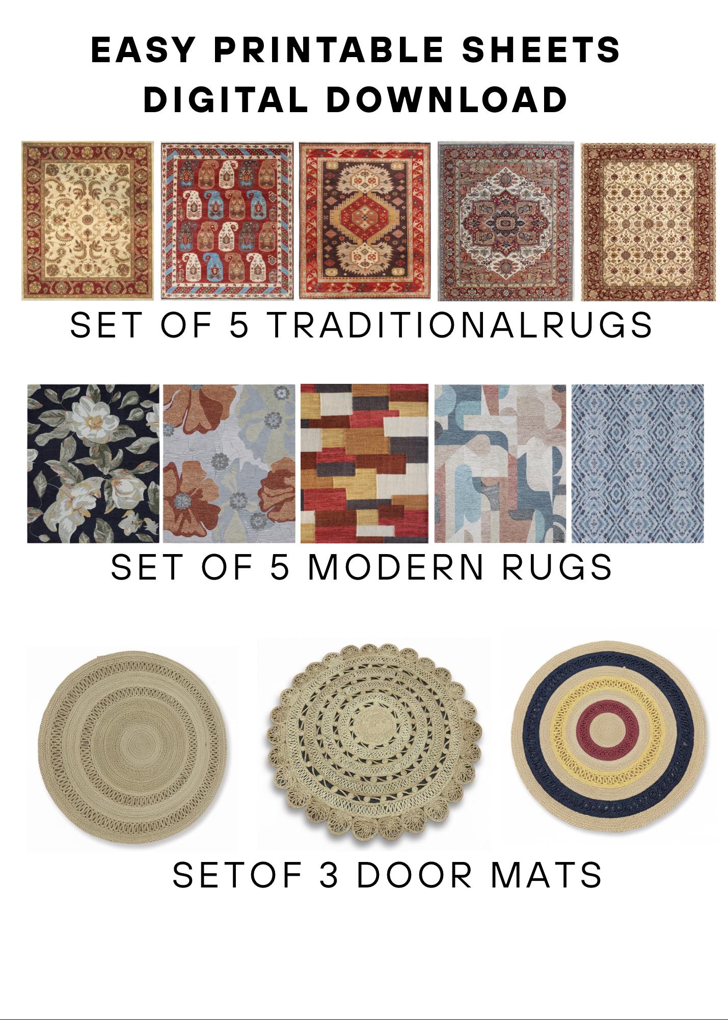 Printable Blue Rug Dollhouse Rug Printable Bundle, 13-pack 1:12 Scale Miniature Rugs ...