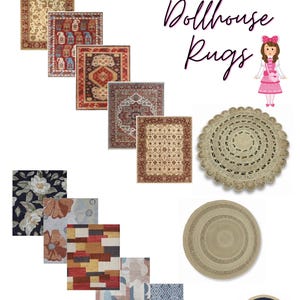May include: Digital download of dollhouse rugs in various styles. The image features several miniature rugs with intricate patterns and colors, including floral, geometric, and traditional designs. The text "EASY PRINTABLE SHEETS DIGITAL DOWNLOAD" is at the top.