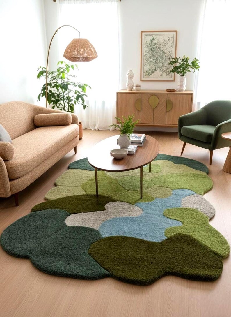 An abstract forest-themed wool rug styled in a bright, modern living room under a coffee table.