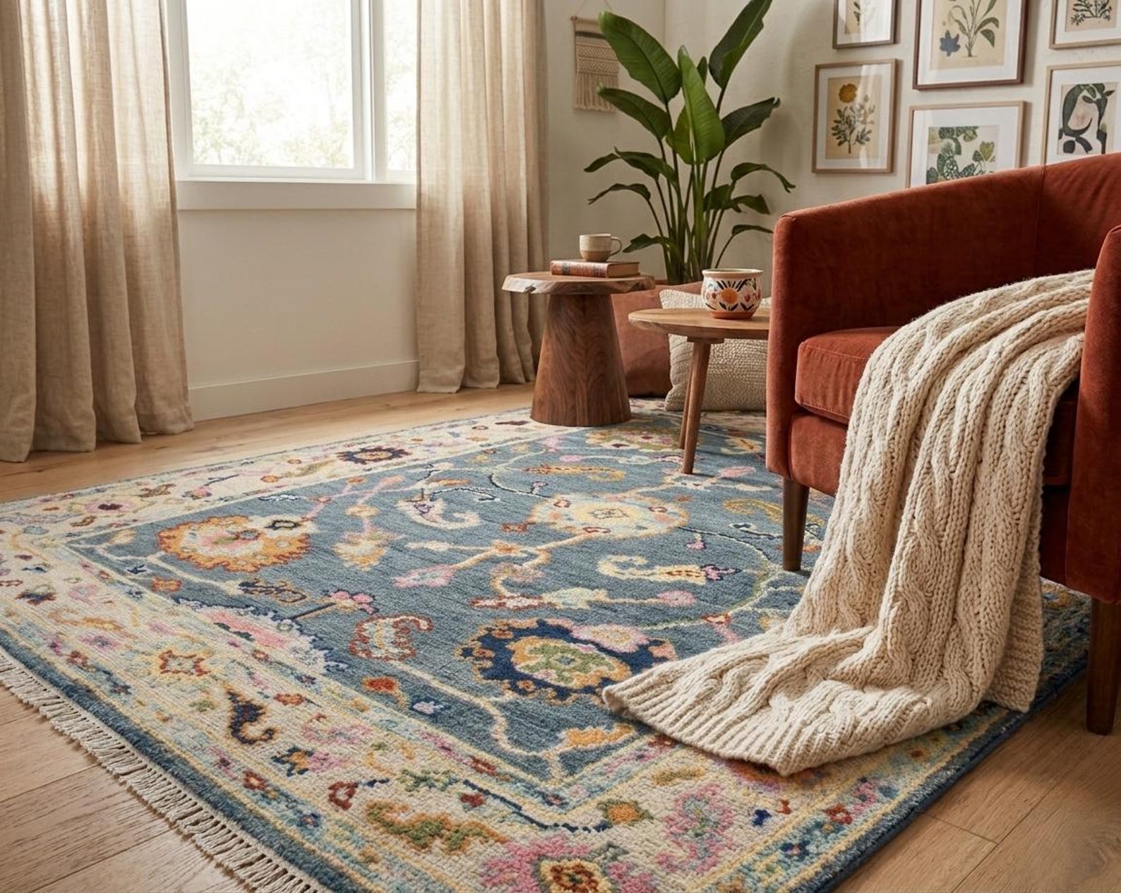 Hand-knotted wool Oushak rug for a cowgirl coastal bedroom