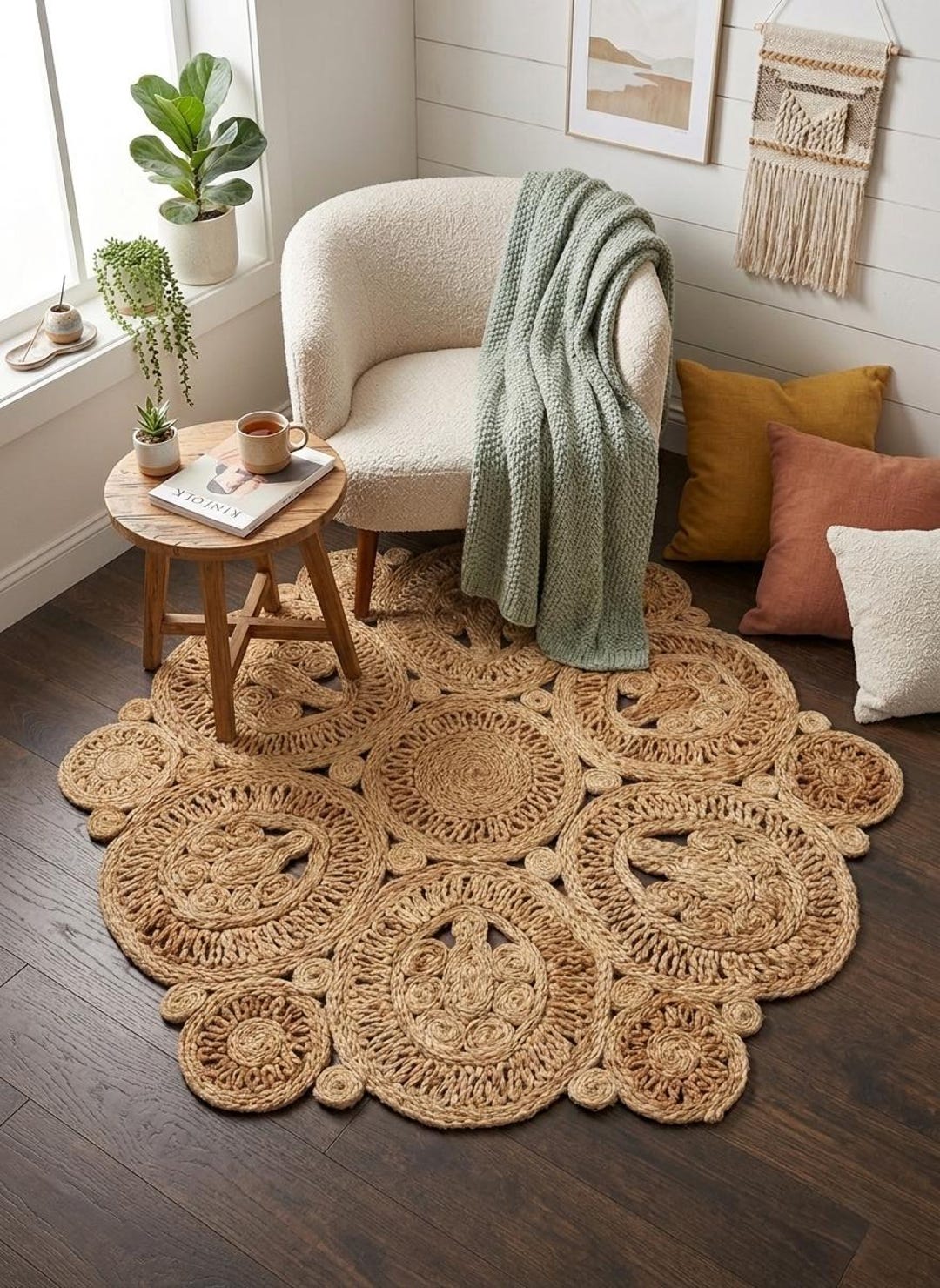 Quick Ship Handmade Jute Circle Design 3.5x3.5 Round Rug, Natural Fiber ...