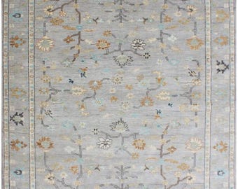 Hand Knotted Wool Rug - Muted Oushak Style Area Rug, Silver & Sage Green Floral Carpet, Traditional Turkish Style Rug for Living Room