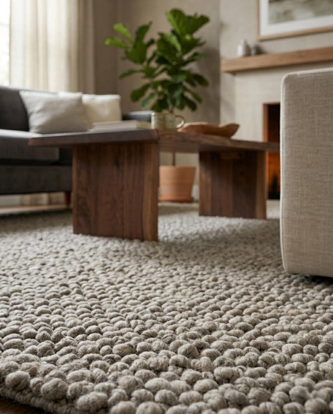 Chunky Loop Wool Rug | 8x10 Handwoven Area Rug | Neutral Beige & Grey ...