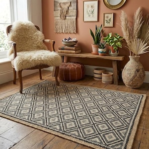 Quick ship Handwoven Wool Jute Rug 3x5 brown & gray Diamond Geometric Area Rug Neutral Entryway  Rug Boho Farmhouse Flatweave carpet