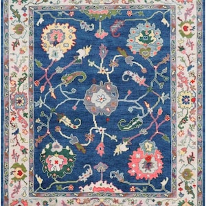 Navy Blue Oushak Rug Hand Knotted Wool – Traditional Turkish Oushak Style Area Rug – Vintage Floral Medallion Carpet – Custom Size Available