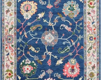 Navy Blue Oushak Style Rug Hand Knotted Wool Traditional Area Rug – Vintage Floral Medallion Carpet – Custom Size Available