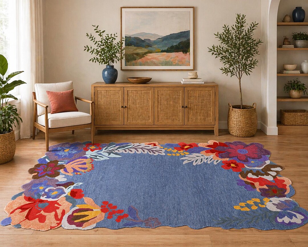 White Floral Hand Tufted Wool Rug | Floral Botanical Scalloped Edge ...