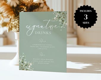 Sage Green Drink Menu, Floral Signature Drink Sign, His & Hers Drink Board,  DIY Printable Wedding Bar Menu, Instant Download- LN03