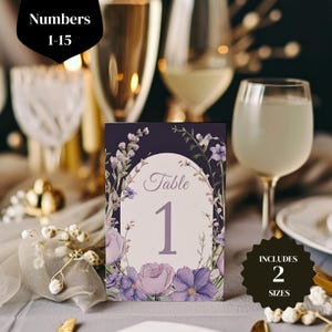 Fioletowe numery stołów weselnych, kwiaty lawendy, dekoracje stołów weselnych, karty stołów 4x6 i 5x7, edytowalny szablon - LAVI