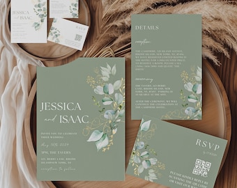 Sage Greenery Wedding Invitation Suite, Editable Template (Digital Download)