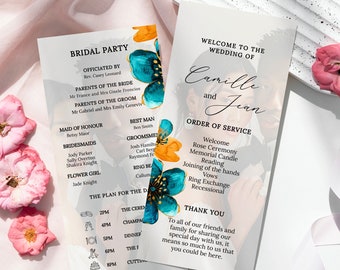 Plantilla de programa de boda con foto, programa imprimible en verde azulado y naranja, orden de ceremonia, programa infográfico, plantilla editable - Gaia