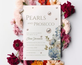 Blue Hydrangea Bridal Shower Invite, Pearls & Prosecco, Light Blue Floral Bridal Shower Invitation Template, Canva, Bridal Brunch, 5x7- JUDE
