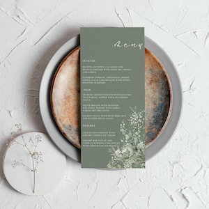 Tarjetas de menú de boda verde salvia, vegetación de plantilla de menú de boda, alientos de bebé, menú de cena con flores, Canva, descarga instantánea, 4x9- LN02