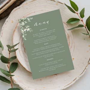 Modèle de menu de mariage fleur, carte de menu vert sauge, gypsophiles, cartes de menu de nourriture, toile, téléchargement immédiat, 5 x 7-LN03