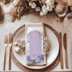 Modelo de menu de recepção, casamento com lavanda, cartões de menu de casamento no jardim, menu de jantar de aniversário LAVI