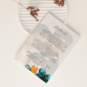 Hochzeit Details Karte, Teal und Orange Einschluss Karte, Floral Hochzeit Insert Auto, Templett- Gaia
