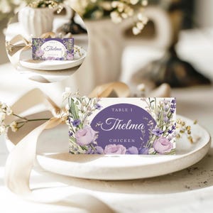 Cartões de lugar com opções de comida, cartões de nome de casamento de lavanda, cartões de lugar com tenda roxa, etiquetas de nome de casamento - LAVI