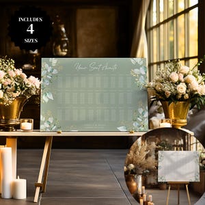 May include: A sage green wedding seating chart with the text "Your Seat Awaits" and floral accents. The chart includes a list of names and table assignments. The image also includes a smaller version of the seating chart on an easel.