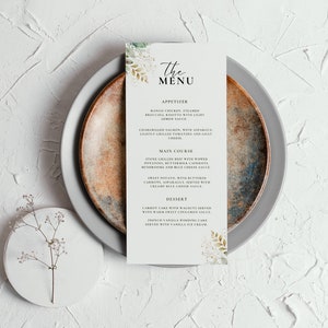 Modèle de menu avec feuilles dorées et vertes, menu du dîner doré, menu imprimable 4 x 9, menu de mariage minimal, carte de menu, modifiable avec Canva-MT05
