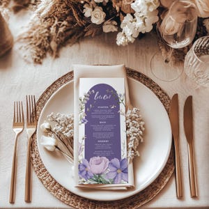 Menú de boda con flores lilas, menú de cena formal morado, tarjeta de menú imprimible, menú moderno -LAVI