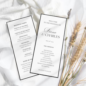Pode incluir: Dois programas de cerimónia de casamento com bordas e texto pretos. Um diz "Bem-vindos ao casamento de Diana & Charles" e a data. O outro lista a festa de casamento. Espigas de trigo e raminhos de lavanda secos estão no fundo.