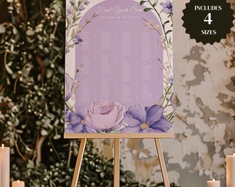 Plano de asientos para boda con flores de lavanda, plantilla editable (Canva)