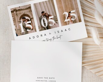 May include: A white wedding save-the-date card with three photos and the date "05/25". The card features the names "Adora & Isaac" and the phrase "...tying the knot". The bottom card reads "Save the Date" and "Kensington, London."