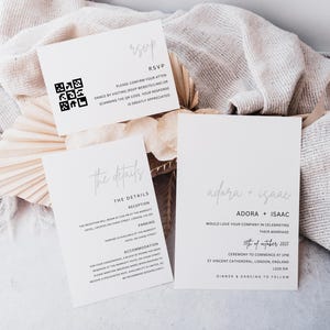 Einfaches Einladungs-Set, Minimales Einladungs-Set, Hochzeitsdetailkarte für Gast-Kleidung, Antwort-QR Code, Hochzeitsankündigung -IZZY