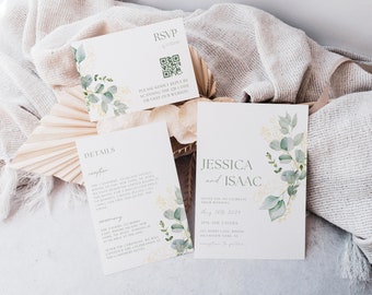 Sage Green Wedding Invitation, Invitation Set, Greenery Wedding Invitation Suite, Editable Template, RSVP QR Code, Details Card, Canva-LYN